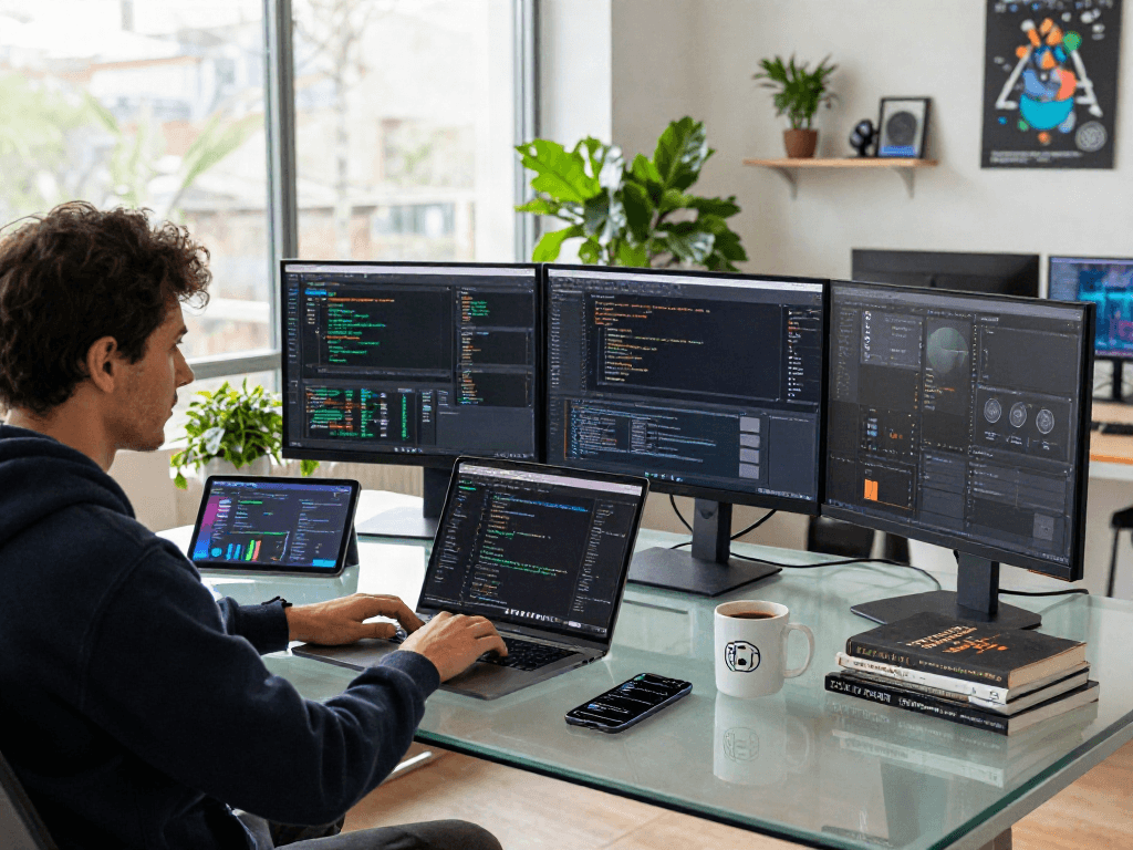 Un professionnel utilisant Atlas pro ontv dans un bureau moderne avec plusieurs écrans et des gadgets high-tech.