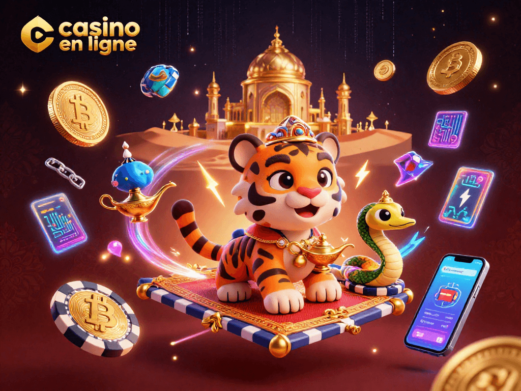 Découvrez les jeux de casino en ligne dans une scène immersive avec un sultan tigre et des éléments de crypto.