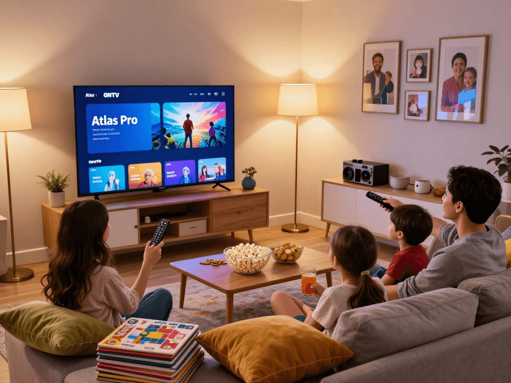 Vision de famille profitant d'Atlas Pro IPTV sur leur télévision avec une ambiance chaleureuse.
