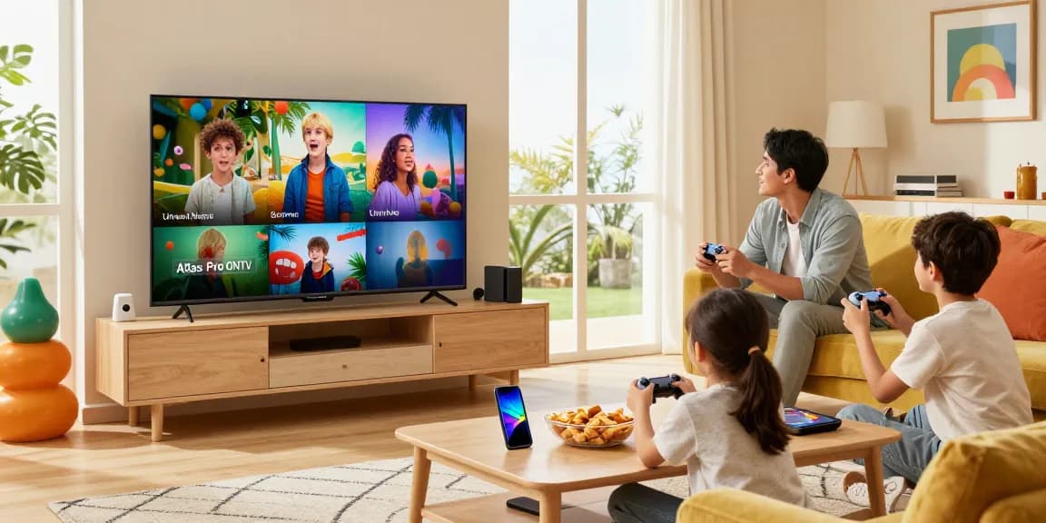 Famille profitant d'Atlas pro sur Smart TV avec une ambiance chaleureuse.