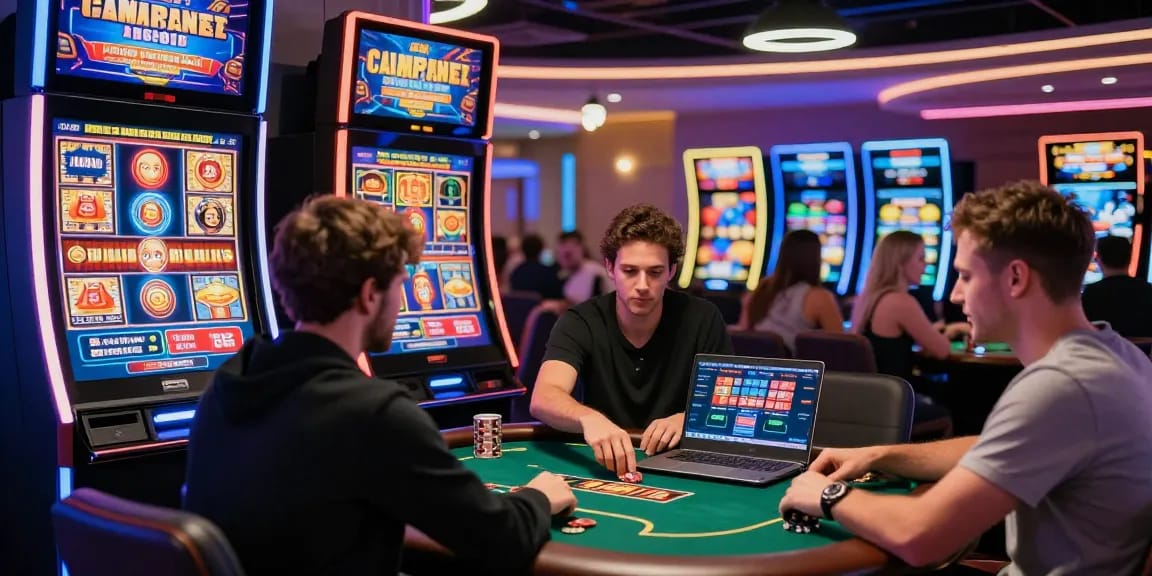 Joueurs s'amusant sur un casino en ligne avec des machines à sous et des jeux de table.