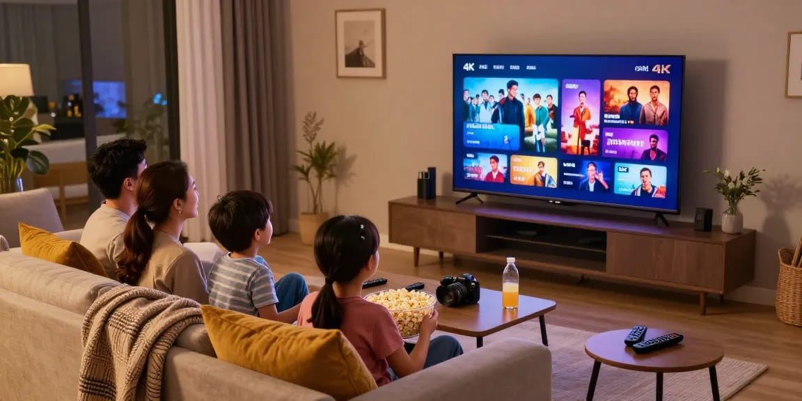 La famille profitant de IRON TV PRO pour une soirée cinéma à domicile.